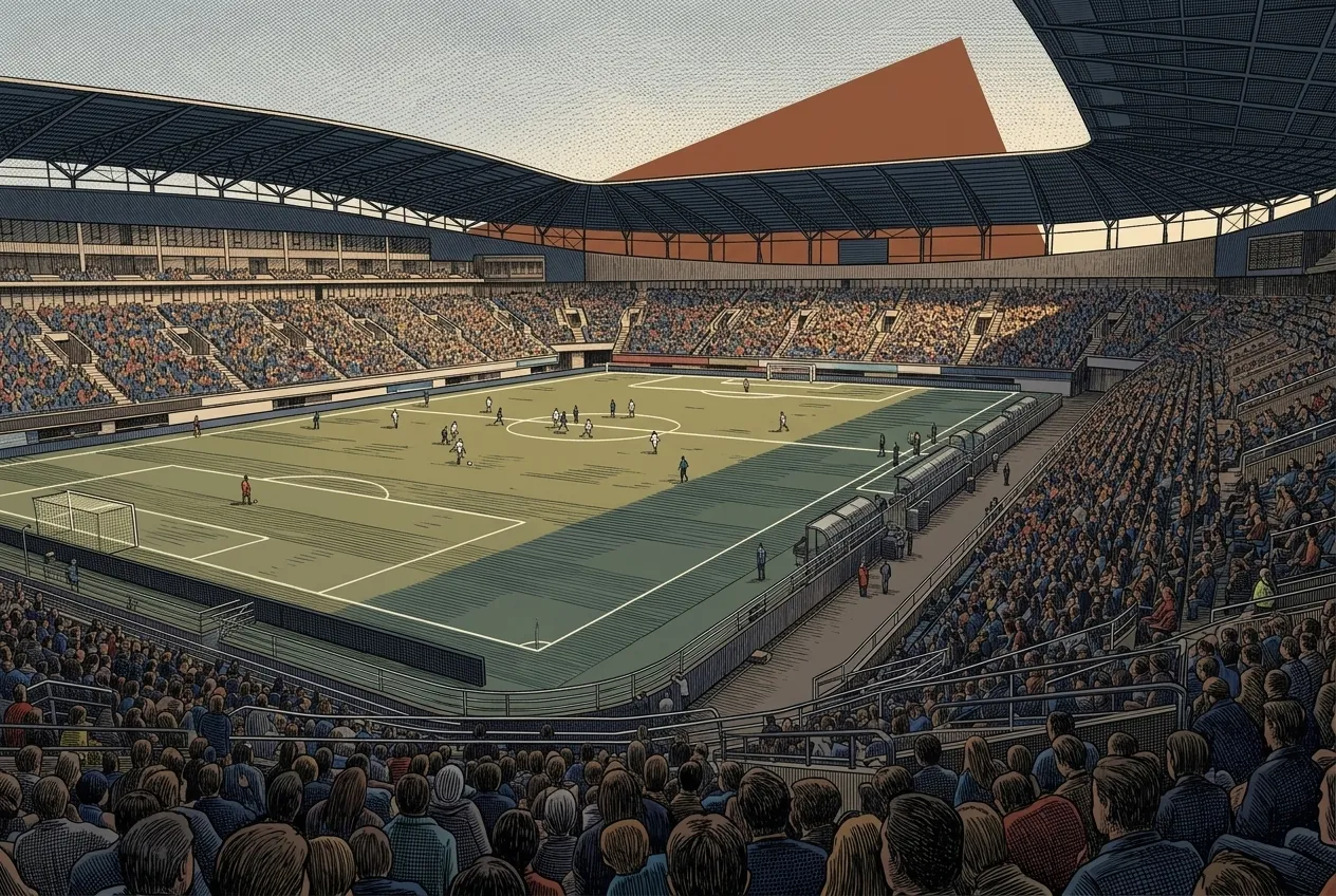 Stade rempli, dessin aux traits, couleurs