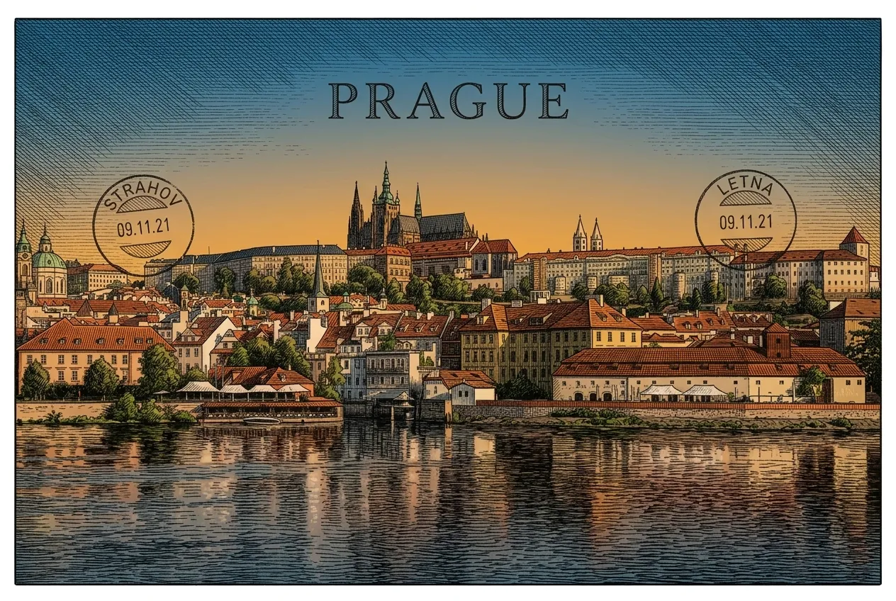 Vue sur la vieille ville de Prague et son château en style hachuré et en couleurs chaudes
