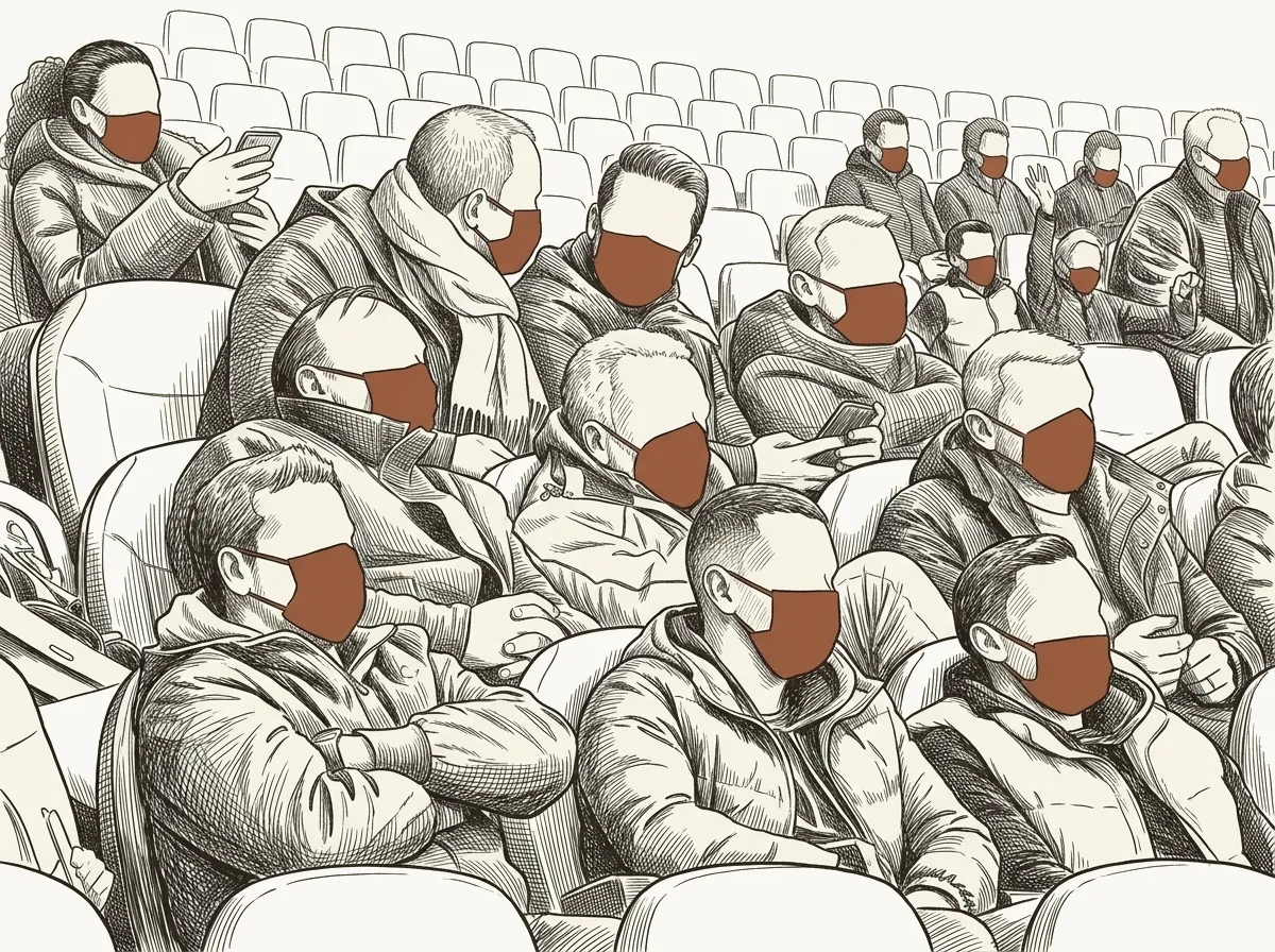 Dessin au trait d'un public avec des masques dans une tribune