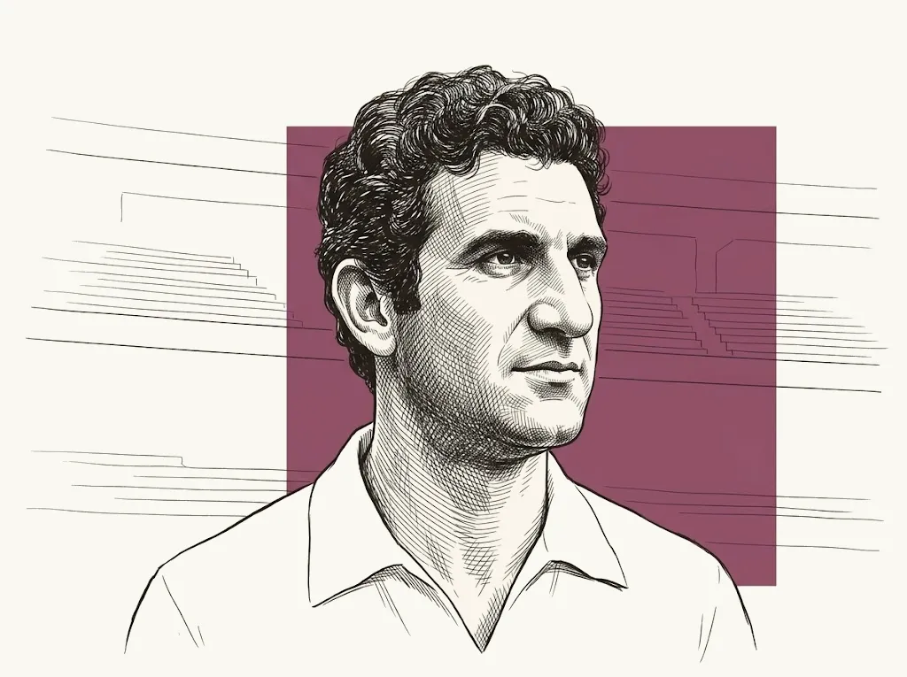 Portrait au trait de Carlos Alberto Silva, de profil, sur un aplat brun
