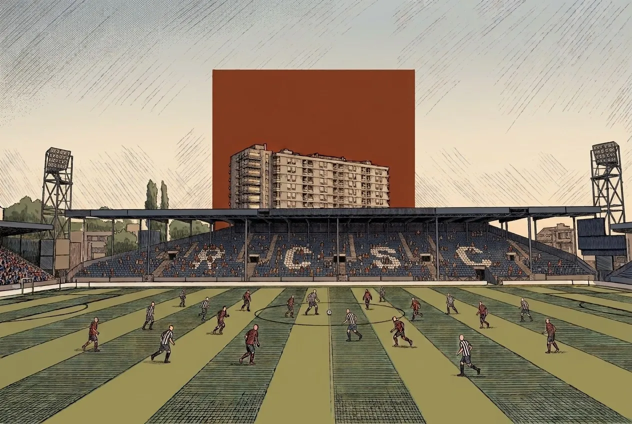 Dessin d’un match au stade du Sporting de Charleroi, devant une tribune peu remplie, avec une tour d’habitation en arrière-plan