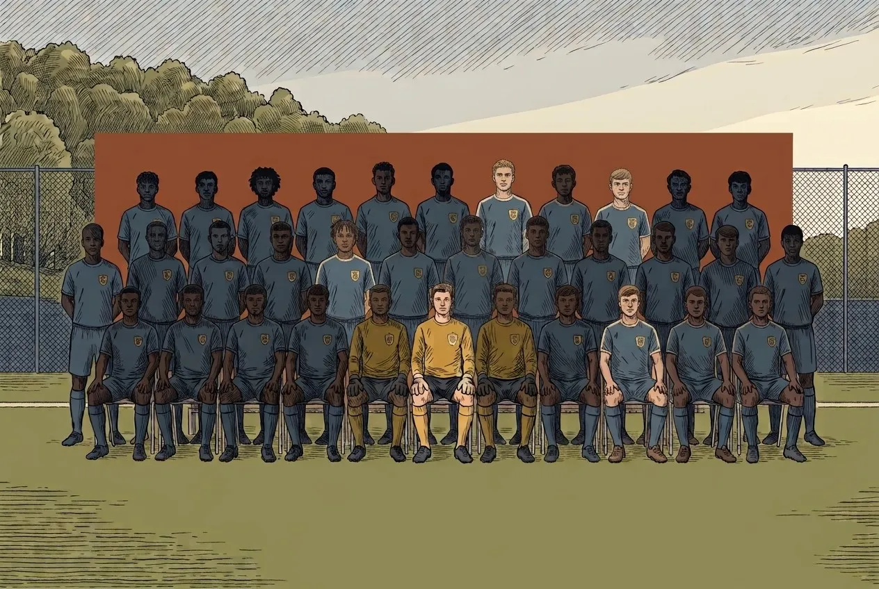 Dessin d'une photo d'équipe U23 posée devant un terrain, joueurs en tenue grise sur trois rangs autour du gardien en jaune, devant un aplat rouille
