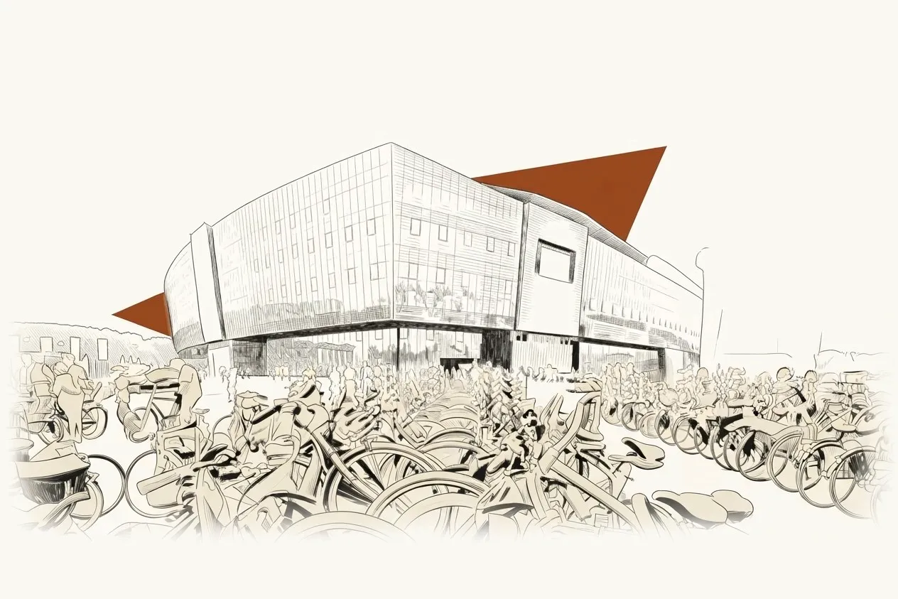 Dessin gravé du stade de La Gantoise, avec au premier plan des centaines de vélos garés devant la façade vitrée