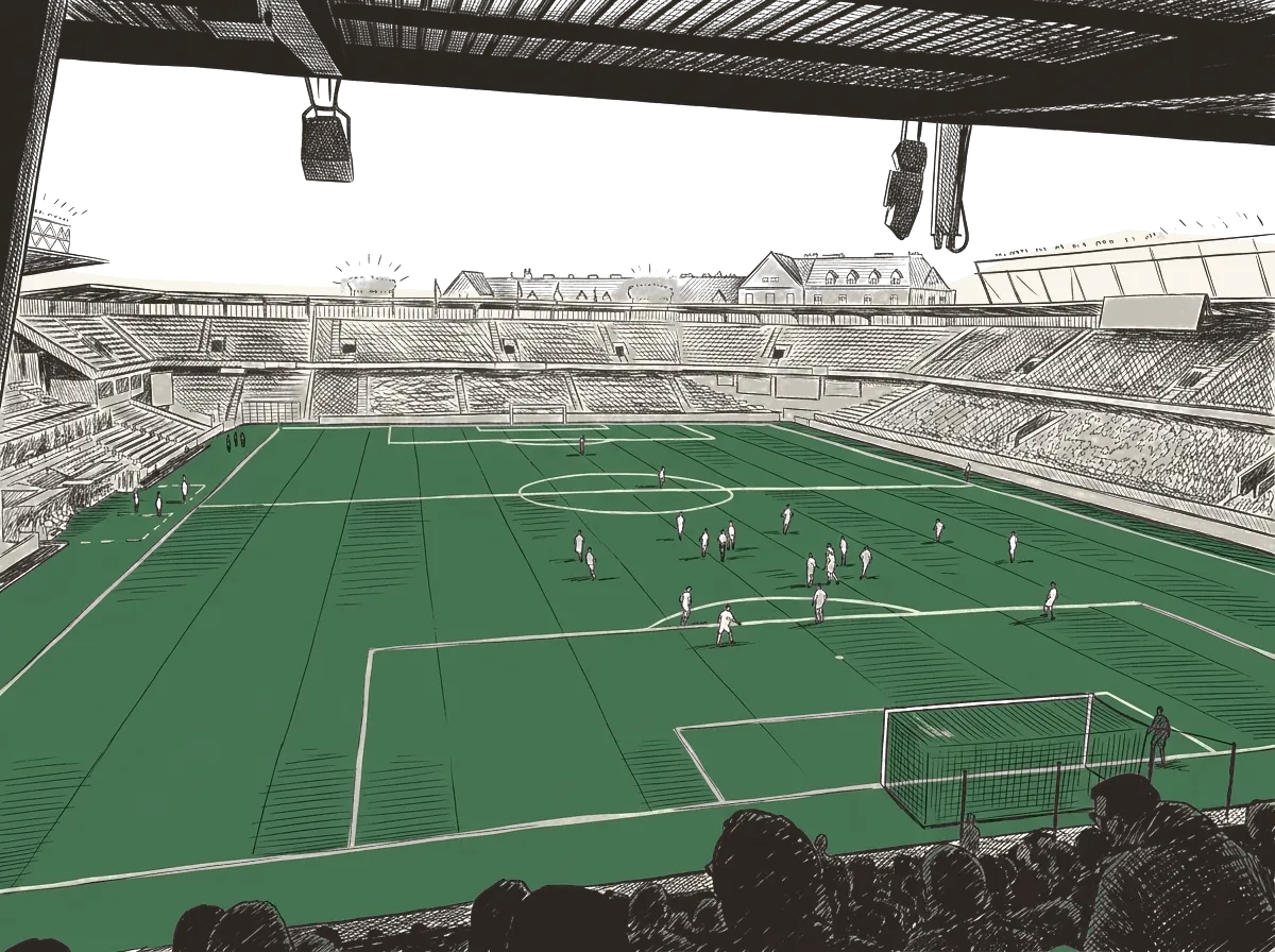 Dessin au trait : l'intérieur du stade Letna un soir de match, vu du haut d'une tribune couverte. La pelouse occupe le centre en aplat vert, les spectateurs du premier plan forment une bande noire.