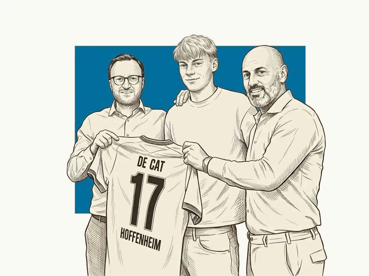 Dessin au trait : Stijn Francis et Bjorn Ruytinx entourent Nathan De Cat, qui présente un maillot floqué « De Cat 17 Hoffenheim », devant un carré bleu pétrole