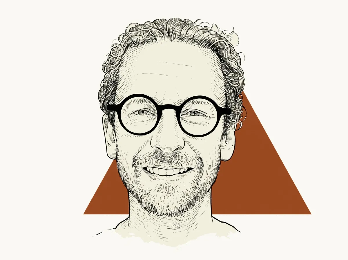 Portrait dessiné de Nico Van de Weghe, lunettes rondes, devant un triangle rouille