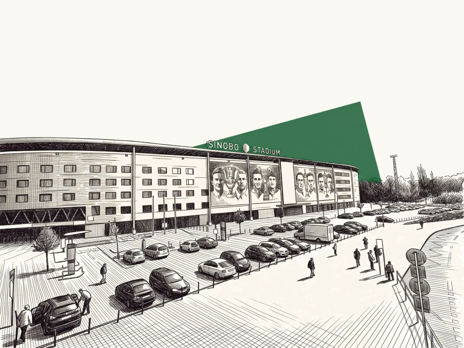 Le Sinobo Stadium vu du parvis, ses bâches de légendes du club sur la tribune principale