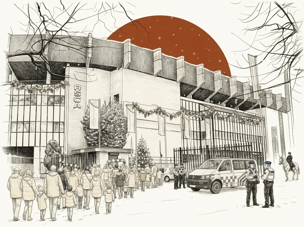 Dessin gravé d’un stade sous la neige à l’approche d’un match de Noël : des supporters en file vers l’entrée, des policiers et une camionnette de police devant la grille, des guirlandes sur la façade
