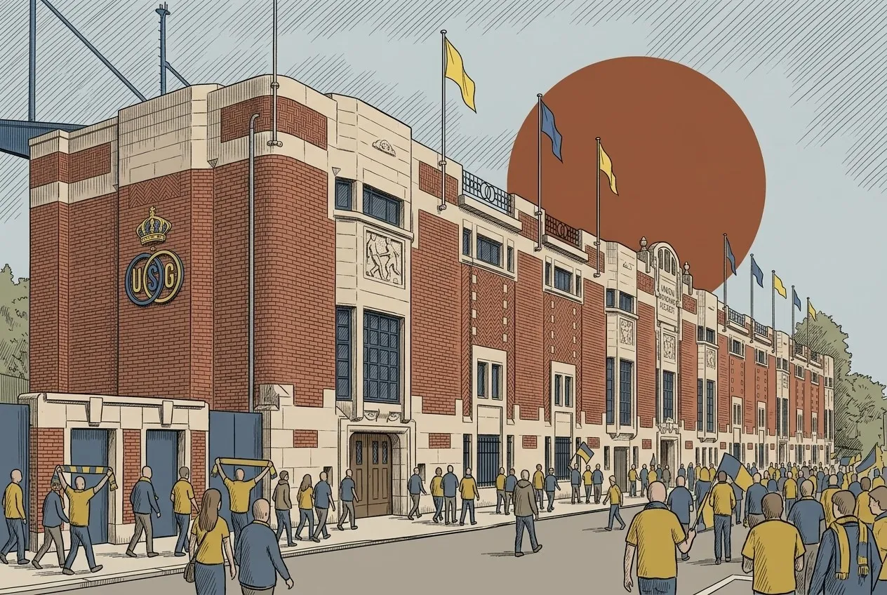 Dessin de la façade en briques du stade Joseph Marien de l’Union Saint-Gilloise, avec l’écusson du club et des supporters en jaune et bleu qui arrivent le long de la rue
