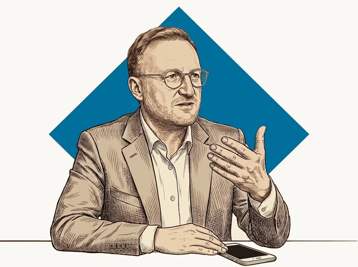 Dessin au trait : Stijn Francis, assis à une table, explique quelque chose en levant la main, devant un losange bleu pétrole
